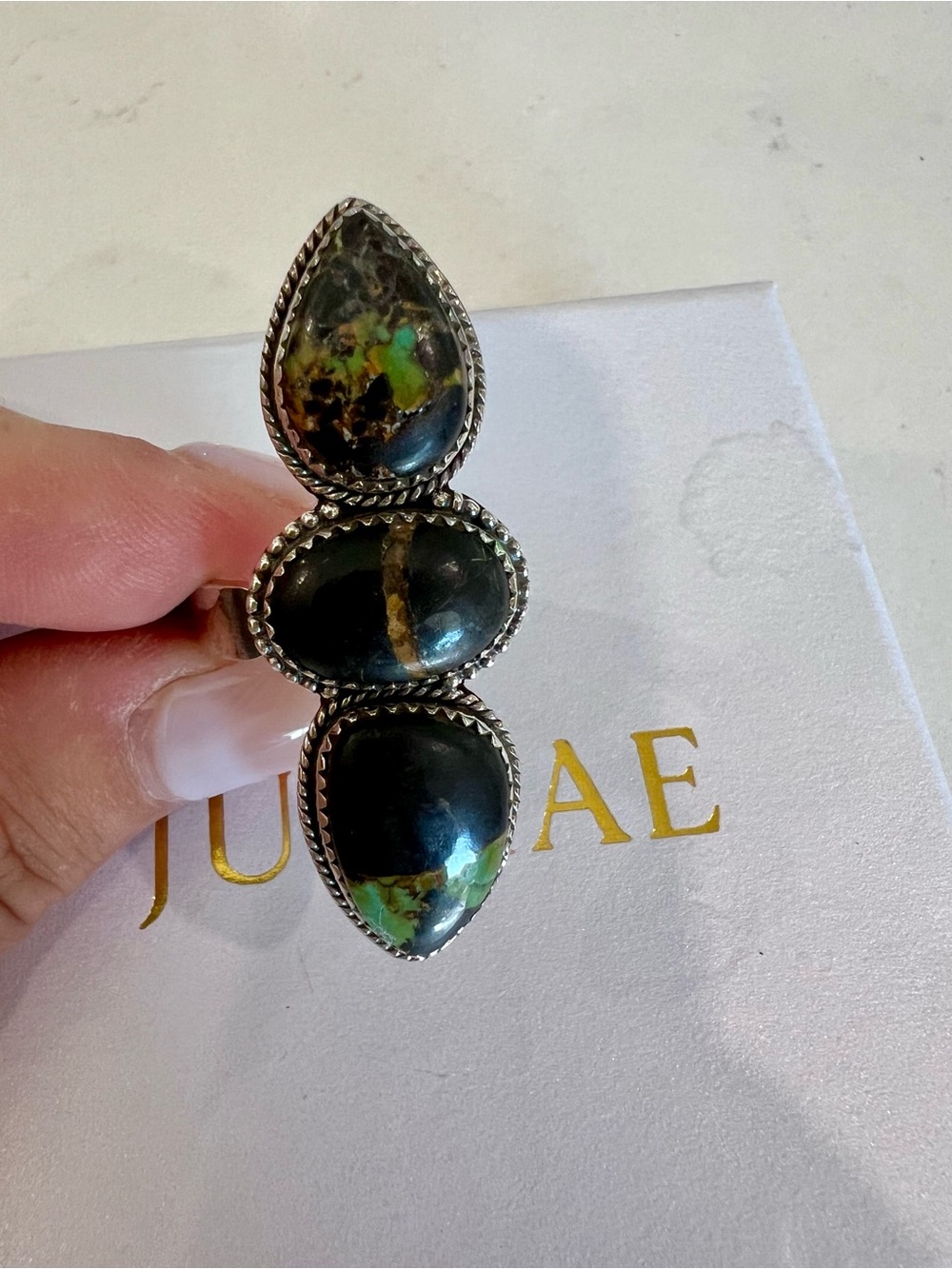 3-Stone Blackjack Turquoise Adjustable Sterling Silver Ring - NWOT